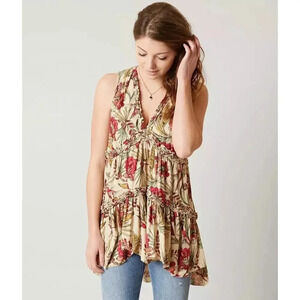Free People Haze Bird Floral Printed Ruffle Trim Boho Tunic Top Size XS